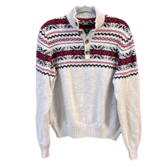 Izod Sweater FairIsle pattern Heathered cream with red and black Holiday - Picture 2 of 13
